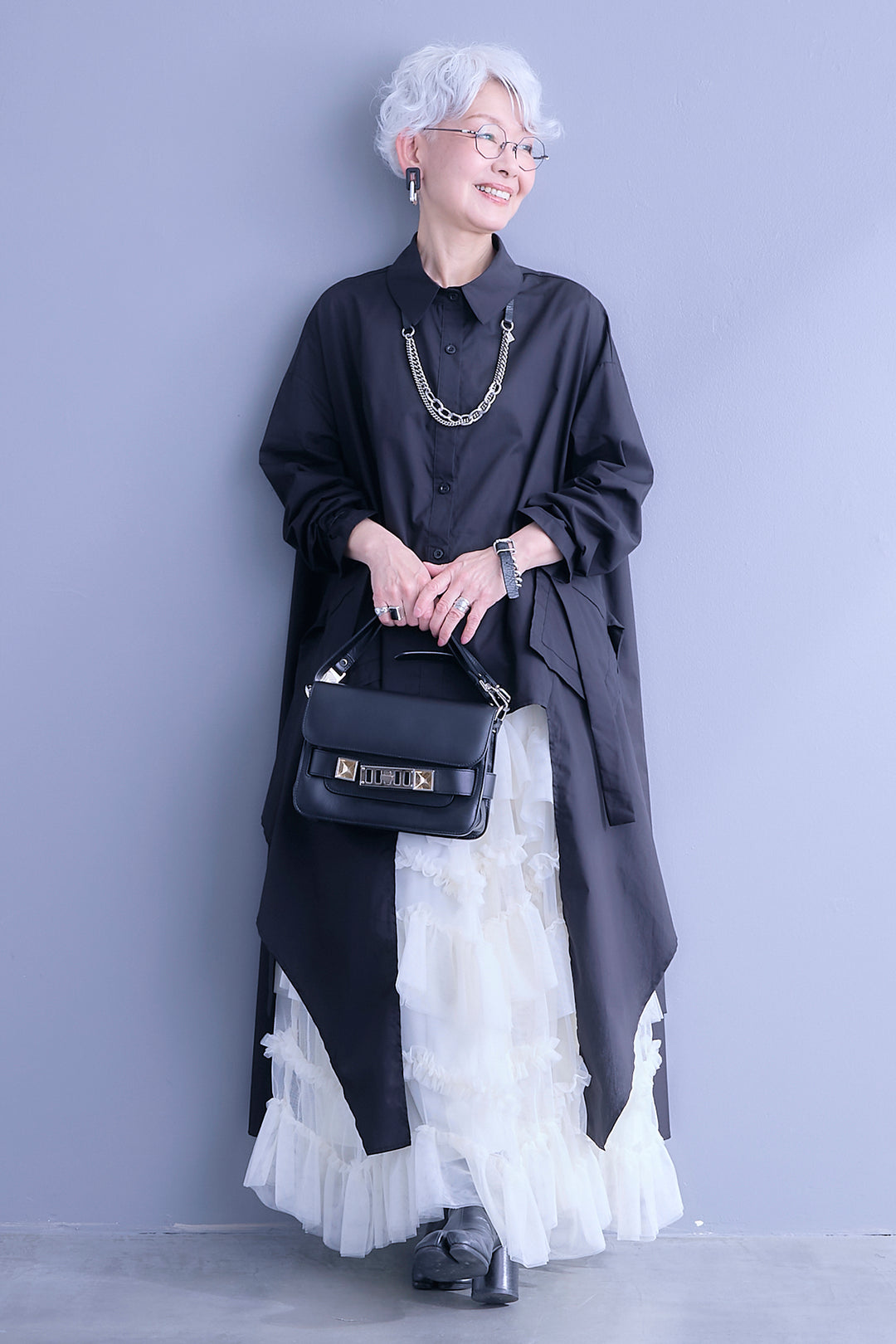 【SET】ロングテールアシメカットデザインシャツ+ペタルティアードチュールスカート(2set)