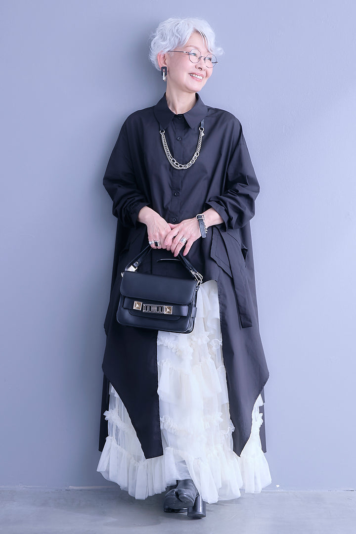 【SET】ロングテールアシメカットデザインシャツ+ペタルティアードチュールスカート(2set)