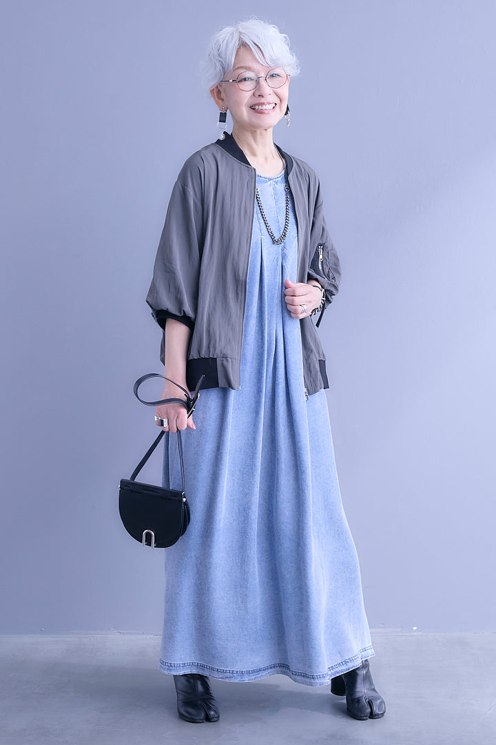 【SET】バルーンハーフスリーブMA-1ジャケット+パウダーシルクヴィンテージデニムワンピース(2set)