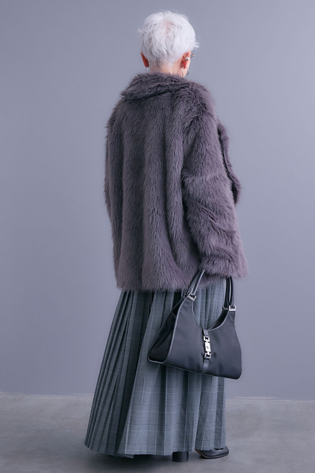 【SET】テーラードカラーファーコート+グレンチェックプリーツスカート(2set)