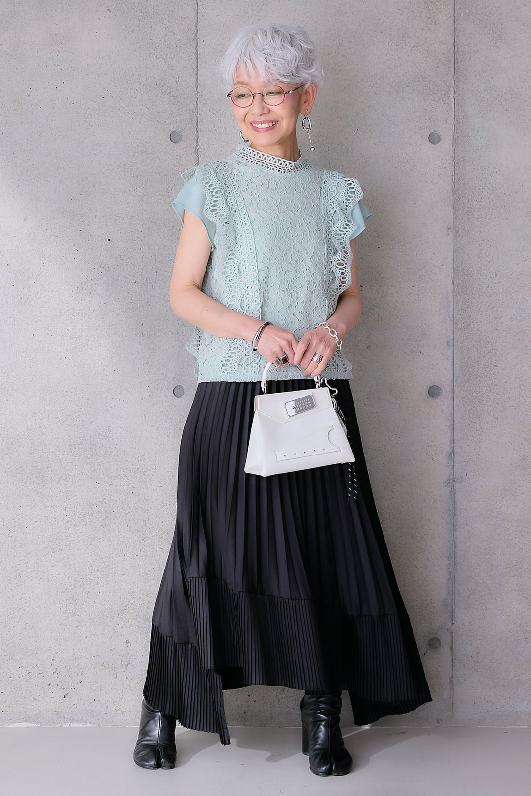 【SET】接触冷感スタンドカラーフレンチスリーブレースブラウス+アシンメトリープリーツスカート(2set)