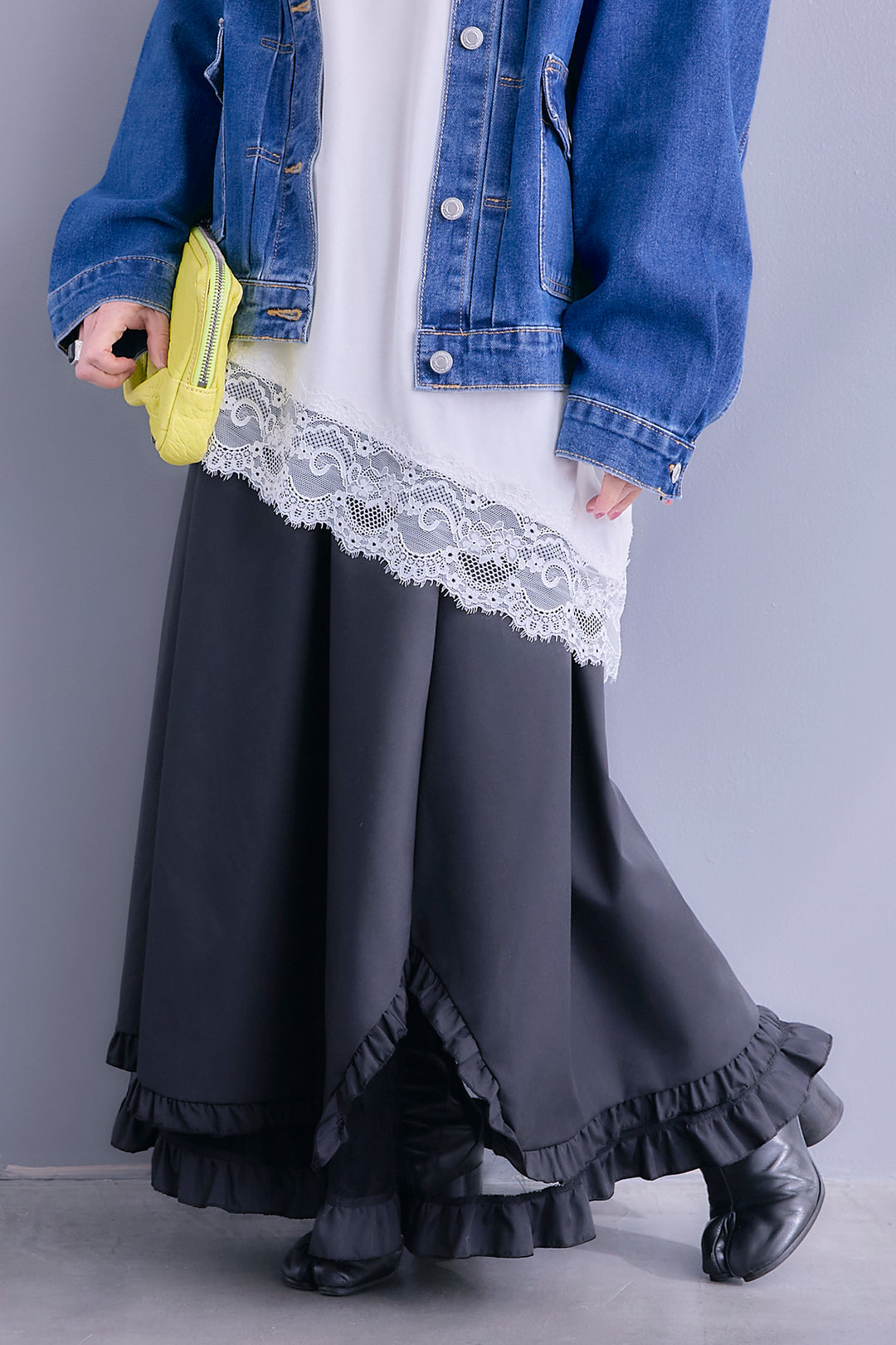 【SET】ノーカラーオーバーサイズデニムジャケット+ヘムレースアシメロンT+ヘムチュールレイヤードフリルスカート(3set)