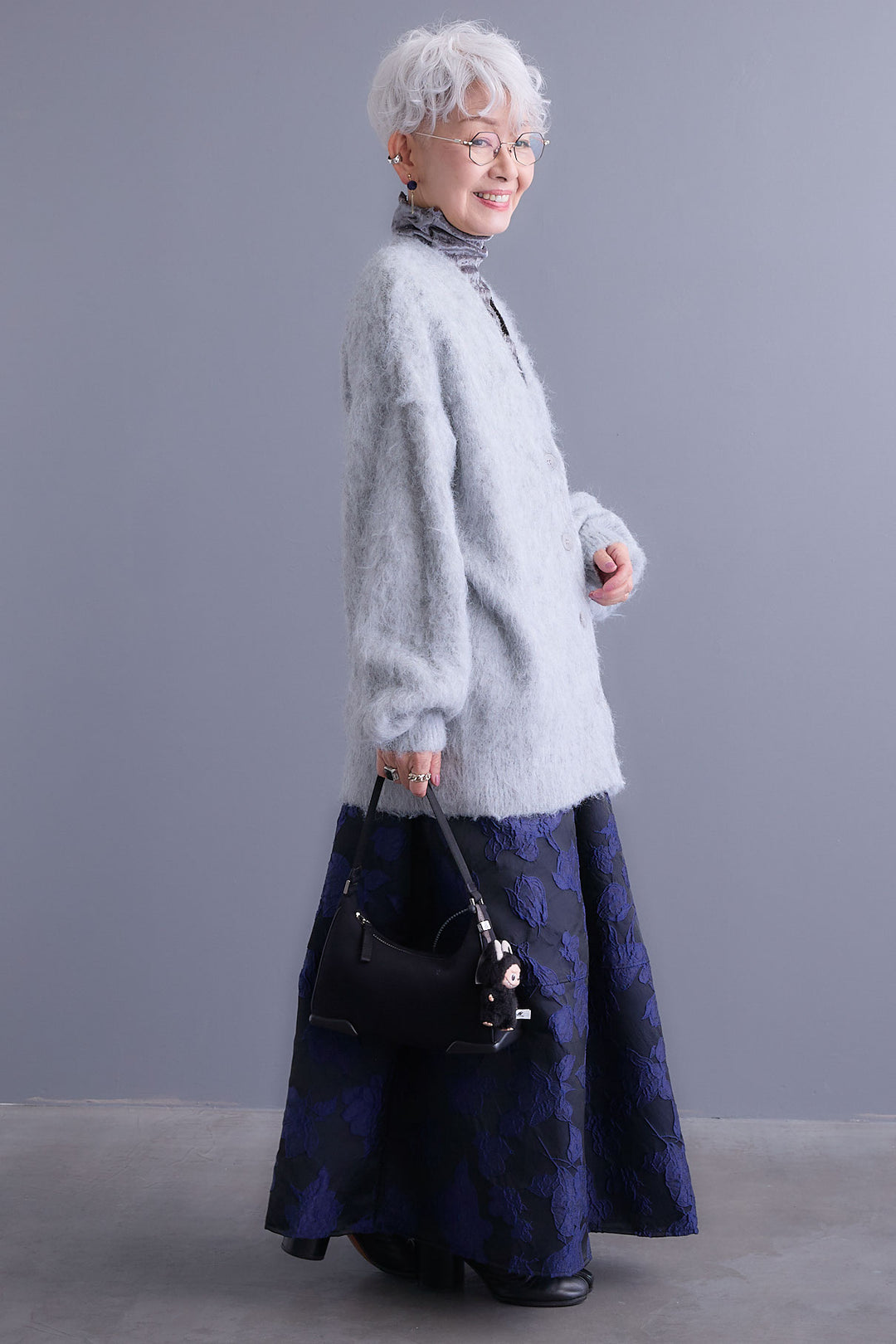 【SET】クラッシュベロアハイネックシアートップス+シャギーVネックニットカーディガン+ジャガードフラワースカート(3set)