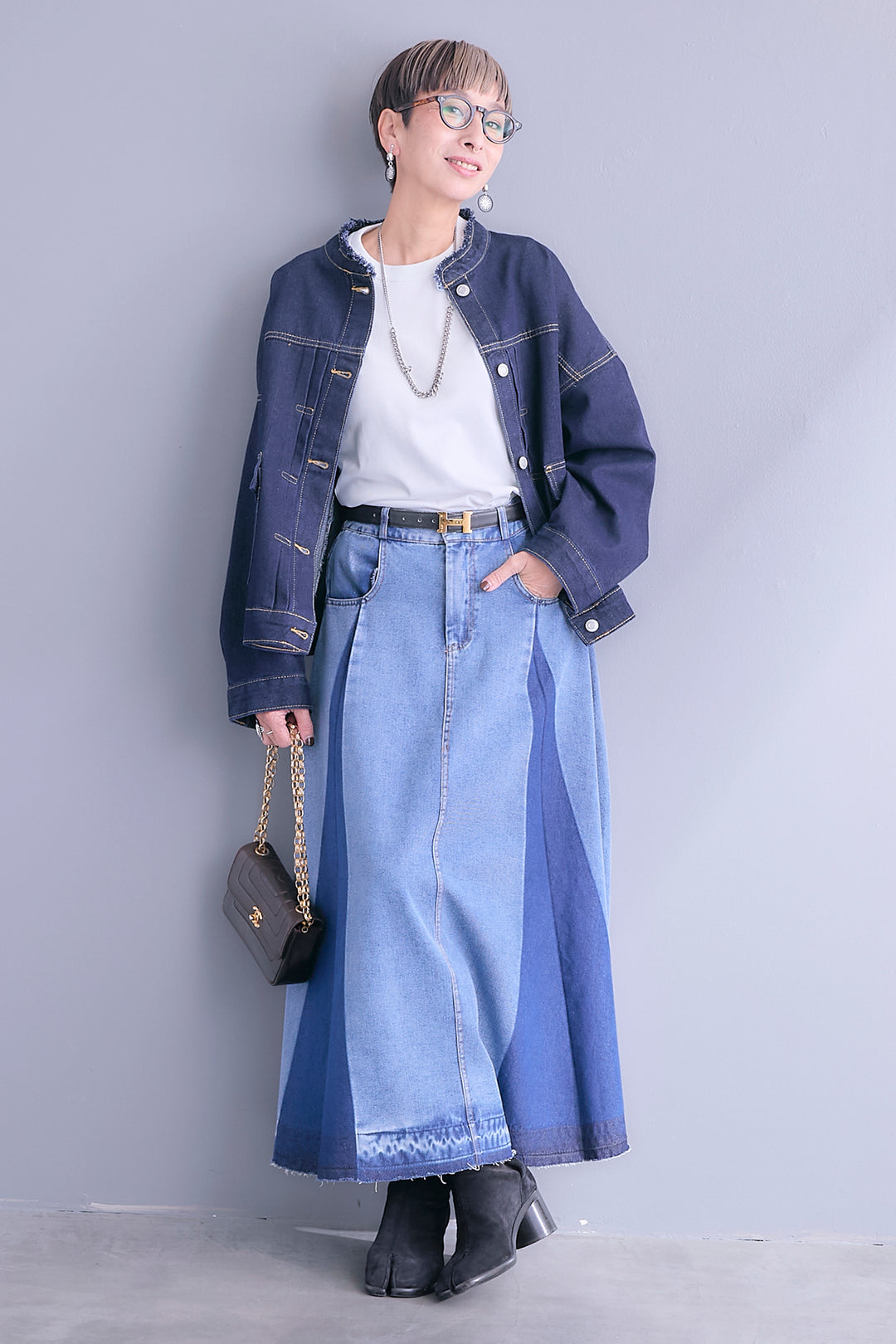 【SET】ノーカラーオーバーサイズデニムジャケット+プリーツタックデニムスカート(2set)