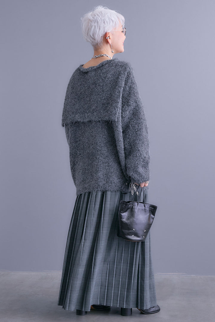 【SET】カーデケープVネックニット+グレンチェックプリーツスカート(2set)