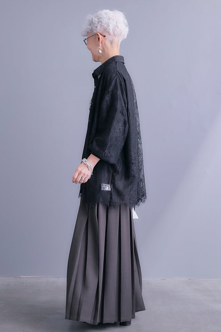 【SET】アイラッシュレースボリュームスリーブシャツ+アシンメトリーロンT+ボックスプリーツロングスカート(3set)