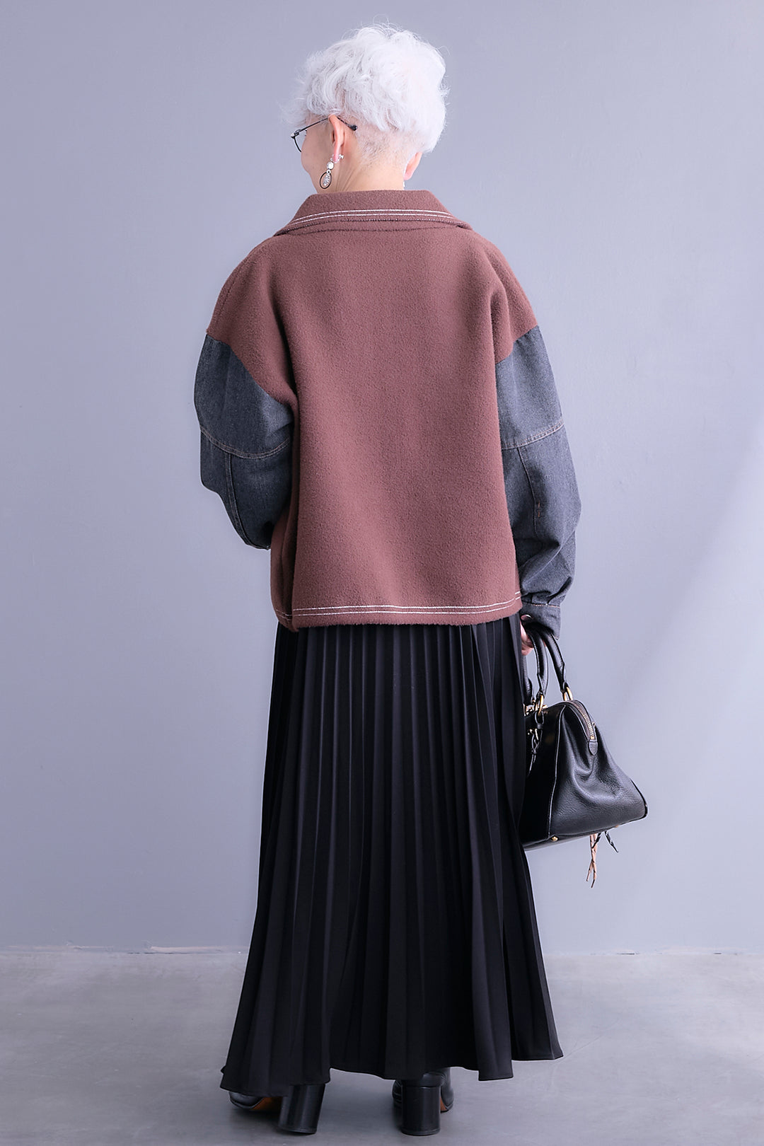 【SET】ステッチニット×デニムスリーブジャケット+プリーツストレッチロングワンピース(2set)