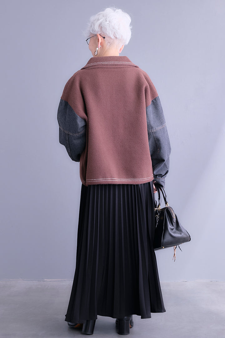 【SET】ステッチニット×デニムスリーブジャケット+プリーツストレッチロングワンピース(2set)
