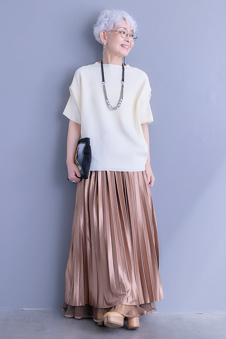 【SET】アップスリーブニットプルオーバー+2WAYラメサテンプリーツ×シアーティアードチュールスカート(2set)