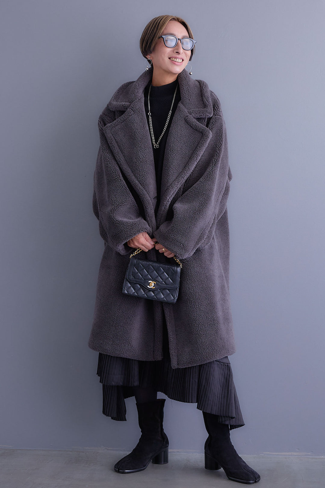 【SET】アシンメトリーオーバーニット+テディボアロングコート+アシンメトリープリーツスカート(3set)