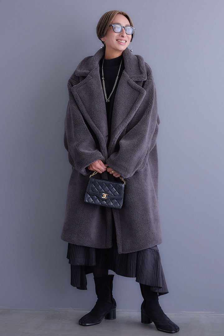 【SET】アシンメトリーオーバーニット+テディボアロングコート+アシンメトリープリーツスカート(3set)