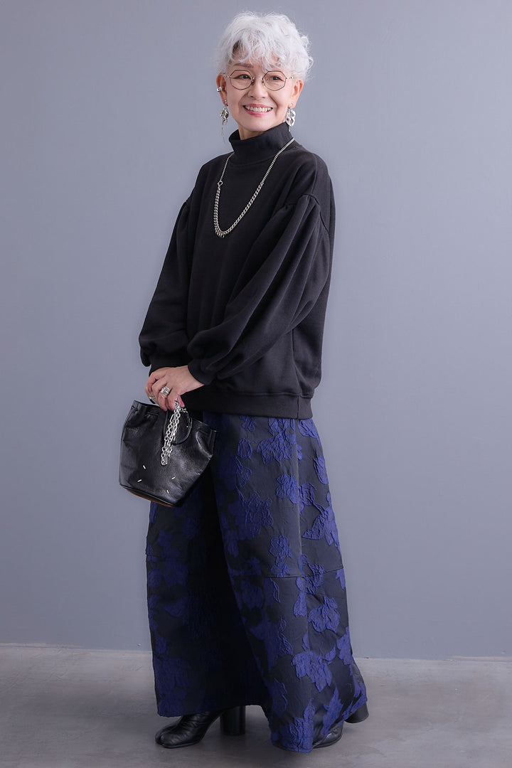 【SET】ボリュームスリーブモックネックプルオーバー+ジャガードフラワースカート(2set)