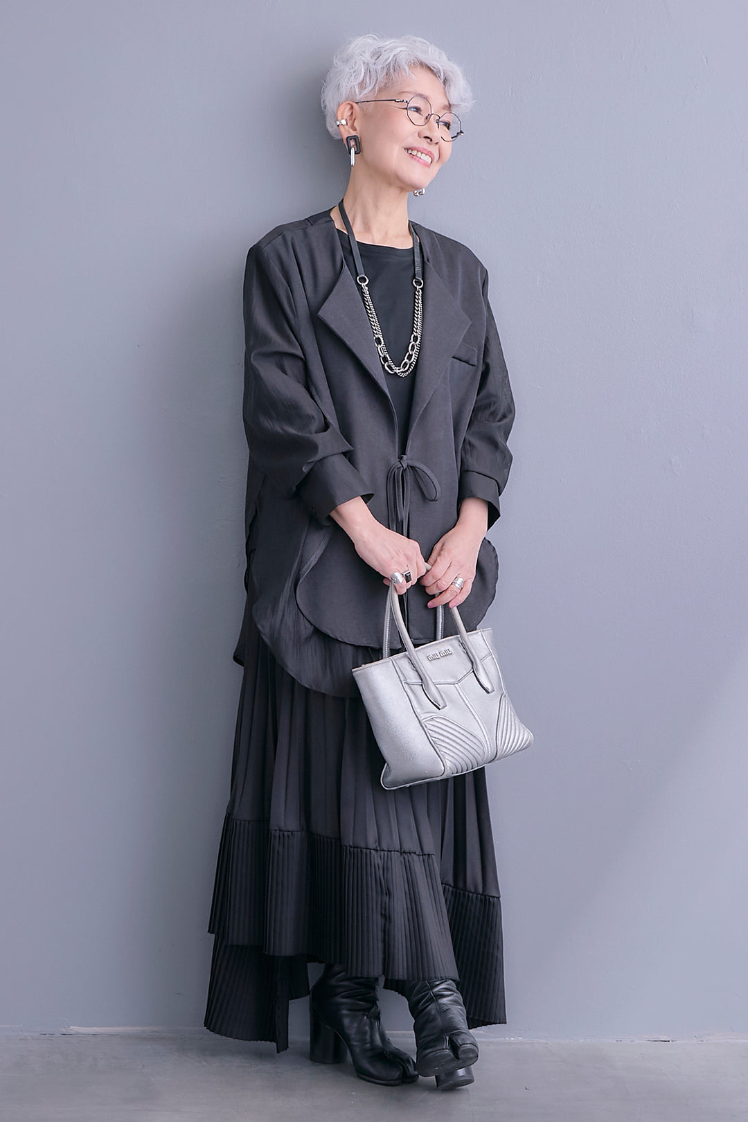 【SET】シアーシャツドッキングジャケット+アシンメトリーロンT+アシンメトリープリーツスカート(3set)