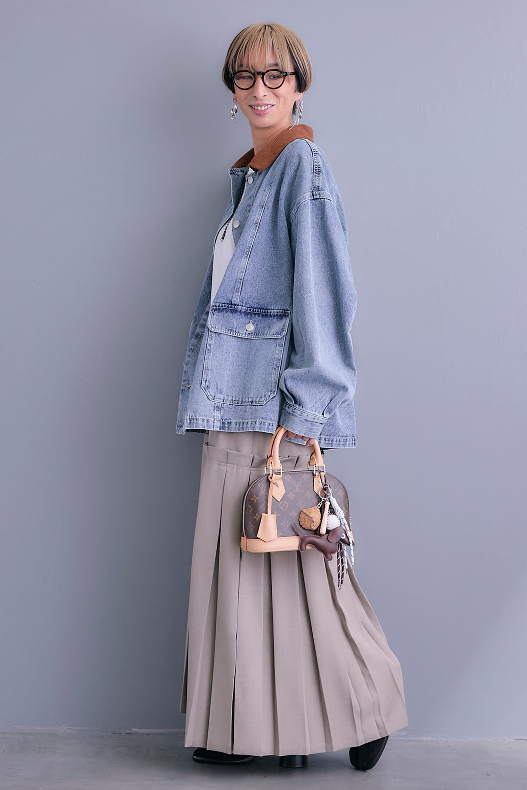 【SET】コーデュロイカラー10ozデニムジャケット+アシンメトリーロンT+ボックスプリーツロングスカート(3set)