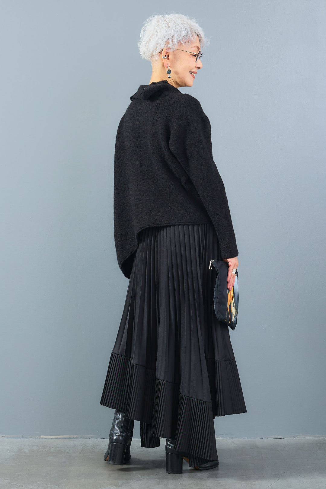 【SET】アシメハイネックボタンニット+アシンメトリープリーツスカート(2set)