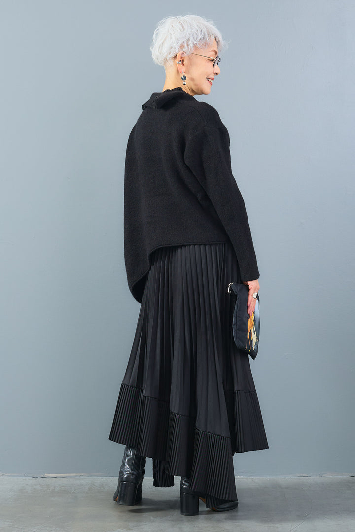 【SET】アシメハイネックボタンニット+アシンメトリープリーツスカート(2set)