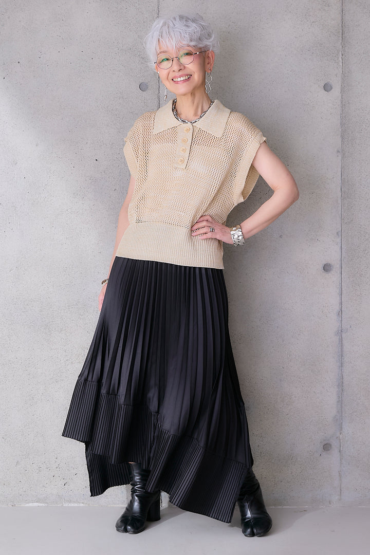 【SET】リネンライクメッシュニット+アシンメトリープリーツスカート(2set)
