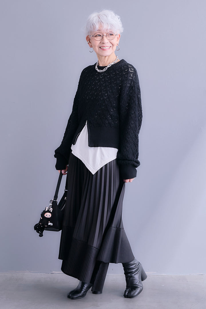 【SET】透かし編みフロントZIPニット+アシンメトリーロンT+アシンメトリープリーツスカート(3set)