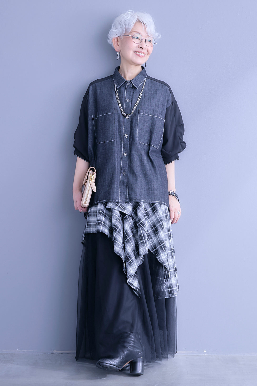 【SET】デニム×シフォンパフスリーブシャツ+チェックスカーフドッキングチュールスカート(2set)