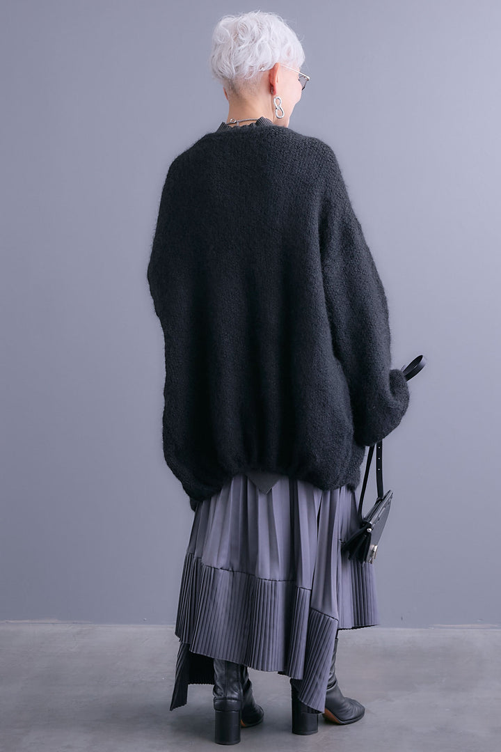 【SET】アシンメトリーオーバーニット+ボリュームスリーブニットカーディガン+アシンメトリープリーツスカート(3set)