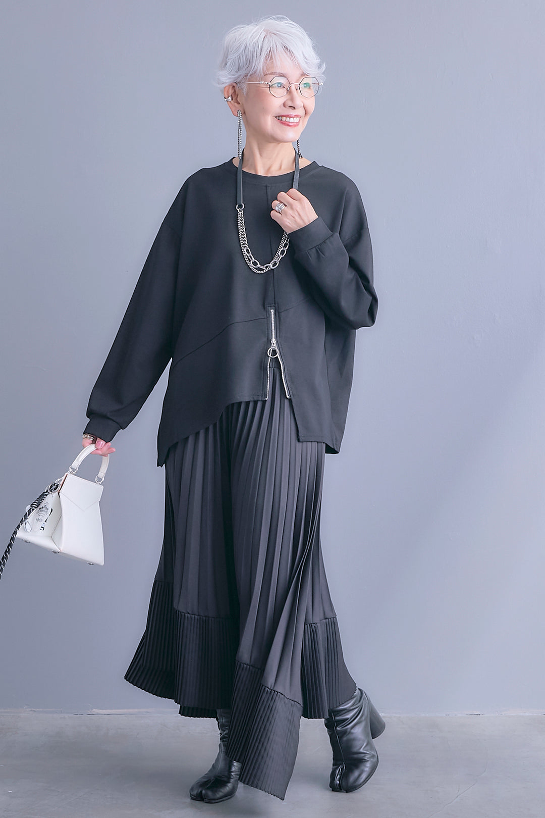 【SET】アシメリングZIPデザインプルオーバー+アシンメトリープリーツスカート(2set)