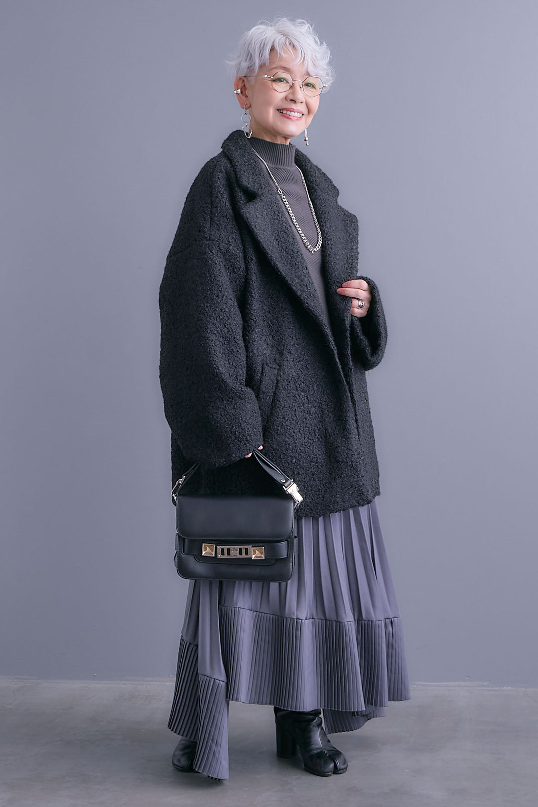 【SET】アシンメトリーオーバーニット+ブークレーテーラードコート+アシンメトリープリーツスカート(3set)