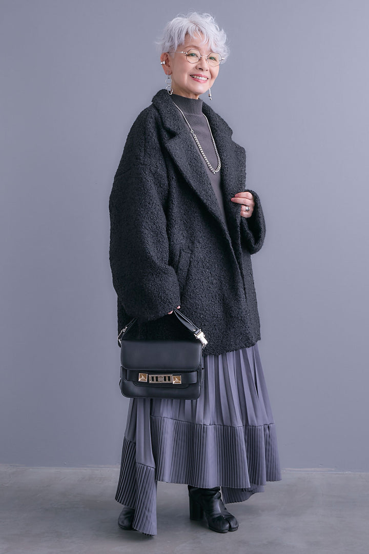 【SET】アシンメトリーオーバーニット+ブークレーテーラードコート+アシンメトリープリーツスカート(3set)