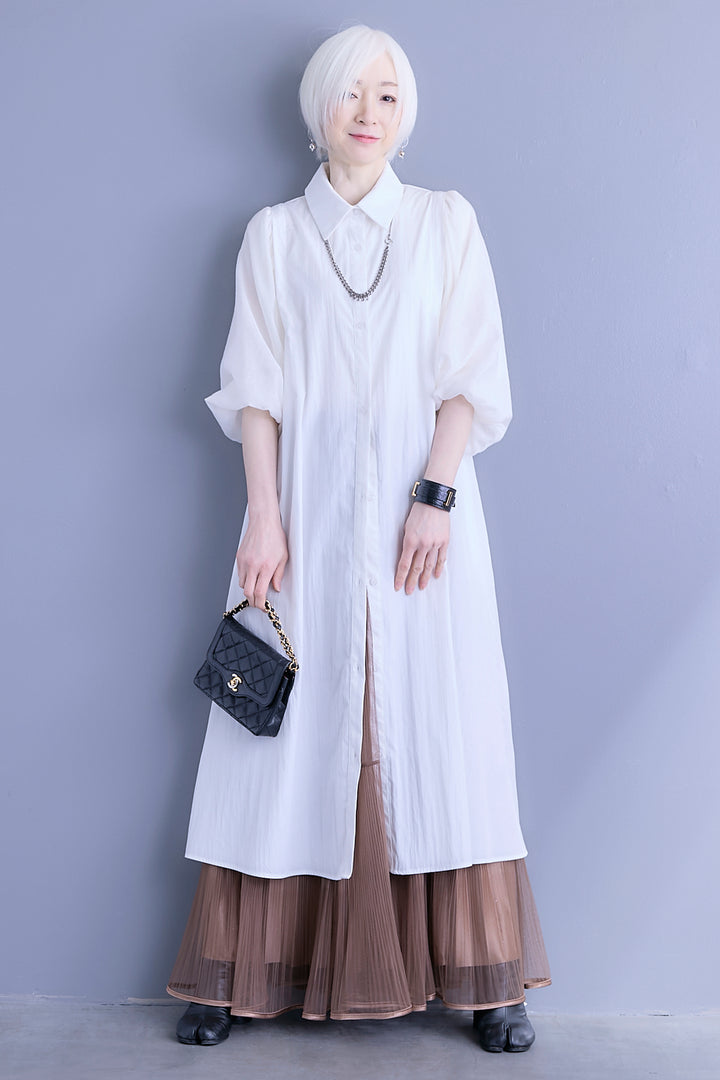 【SET】バルーンスリーブシャツワンピース+2WAYラメサテンプリーツ×シアーティアードチュールスカート(2set)