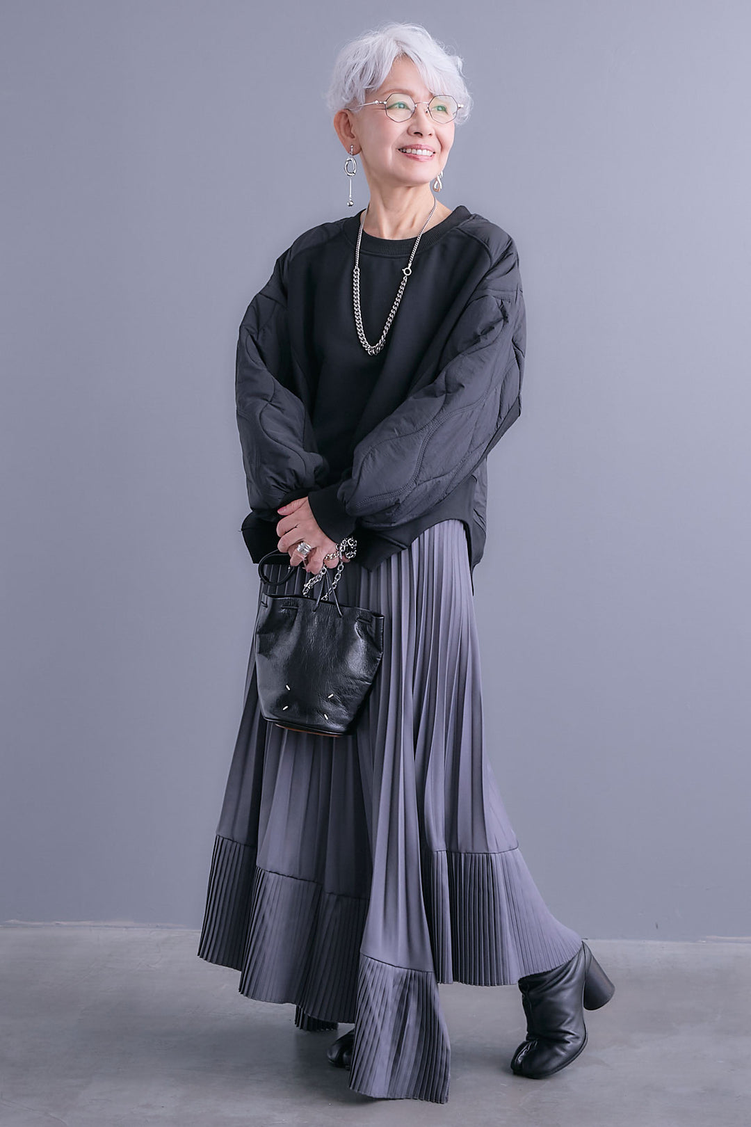 【SET】キルティングドッキングデザインプルオーバー+アシンメトリープリーツスカート(2set)