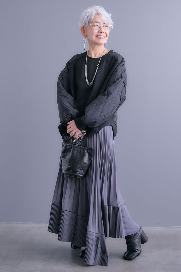 【SET】キルティングドッキングデザインプルオーバー+アシンメトリープリーツスカート(2set)