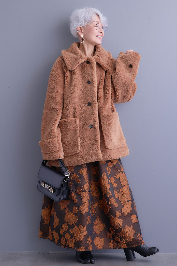 【SET】テディボアフラットカラーコート+ジャガードフラワースカート(2set)