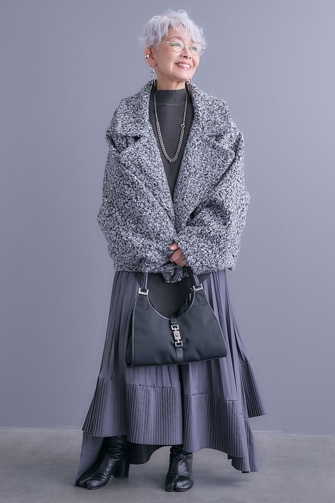 【SET】アシンメトリーオーバーニット+ブークレーオーバーミディコート+アシンメトリープリーツスカート(3set)