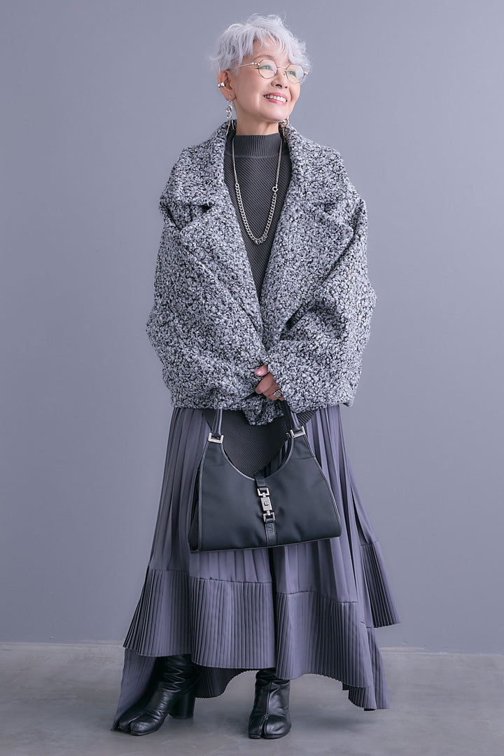 【SET】アシンメトリーオーバーニット+ブークレーオーバーミディコート+アシンメトリープリーツスカート(3set)