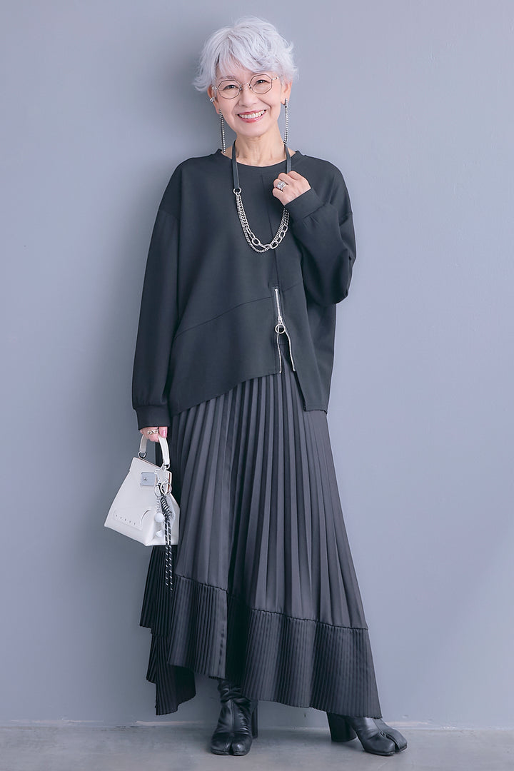 【SET】アシメリングZIPデザインプルオーバー+アシンメトリープリーツスカート(2set)