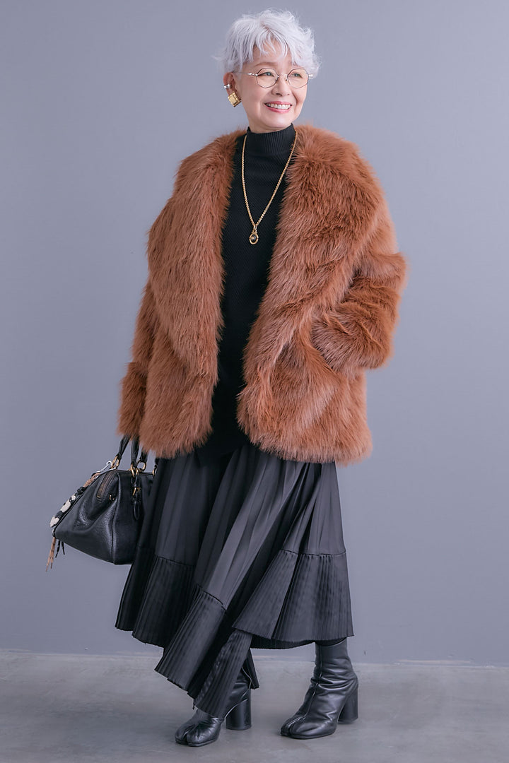 【SET】アシンメトリーオーバーニット+テーラードカラーファーコート+アシンメトリープリーツスカート(3set)