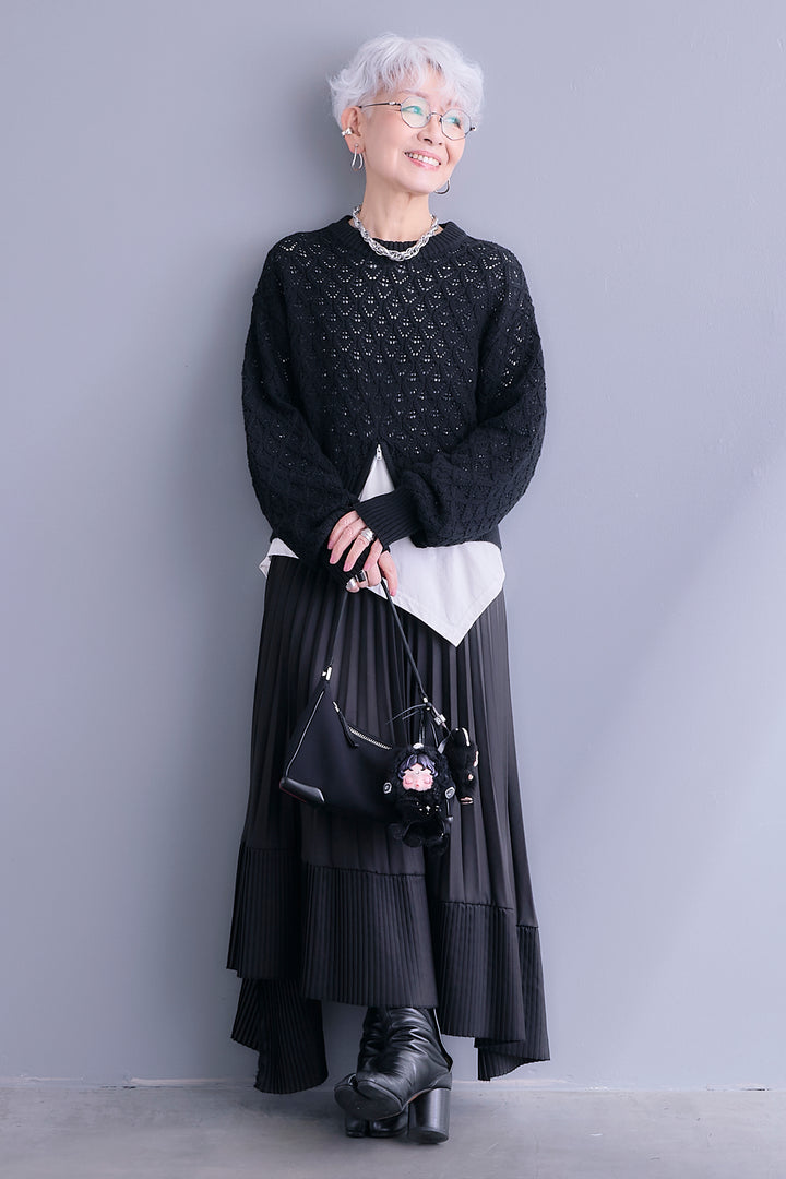 【SET】透かし編みフロントZIPニット+アシンメトリーロンT+アシンメトリープリーツスカート(3set)