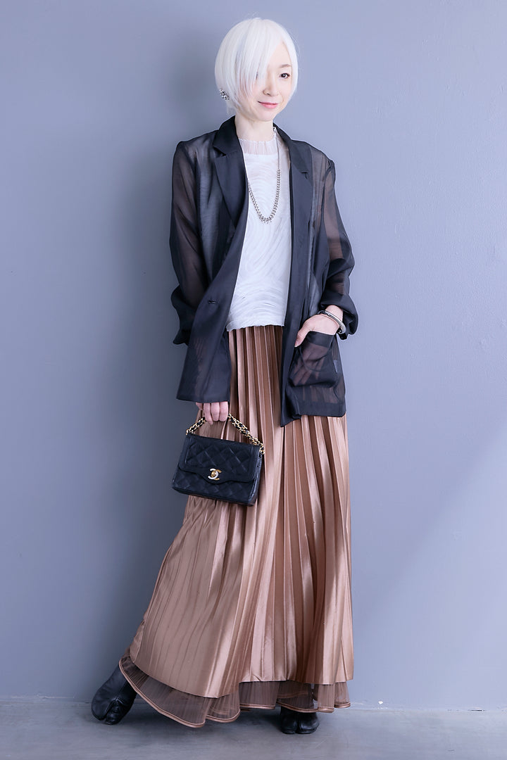 【SET】シアーポプリンダブルテーラードジャケット+ウェーブモチーフスタンドネックブラウス+2WAYラメサテンプリーツ×シアーティアードチュールスカート(3set)