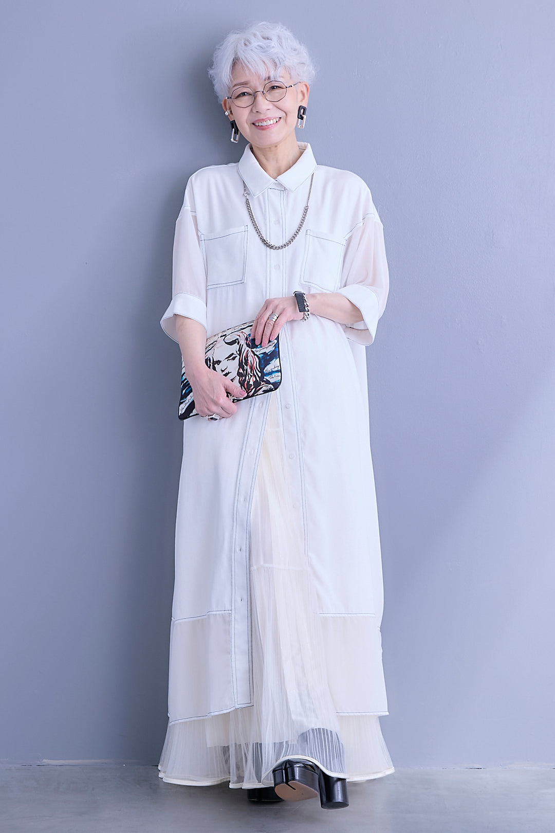 【SET】デニム×シアージョーゼットスリーブシャツワンピース+2WAYラメサテンプリーツ×シアーティアードチュールスカート(2set)