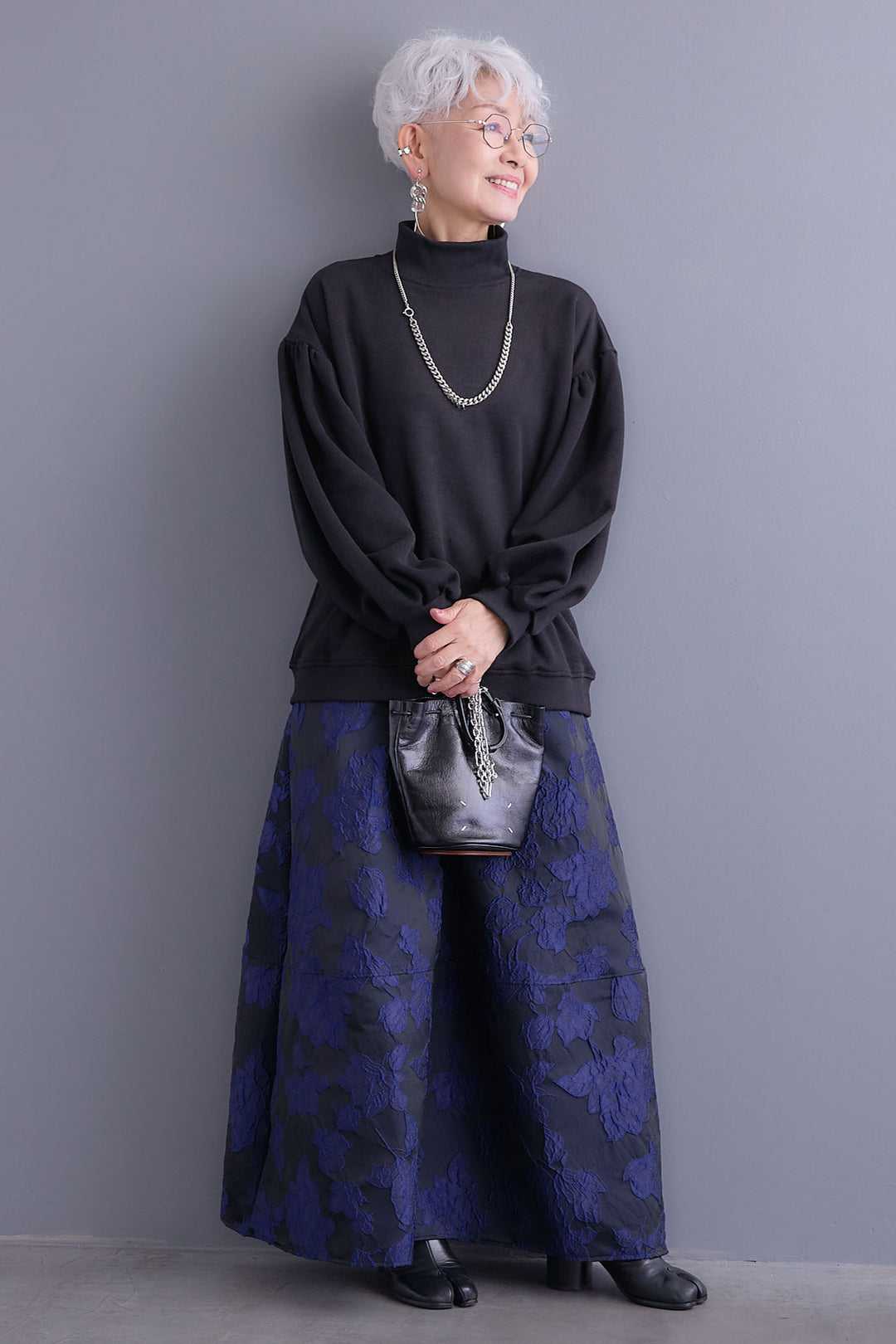 【SET】ボリュームスリーブモックネックプルオーバー+ジャガードフラワースカート(2set)