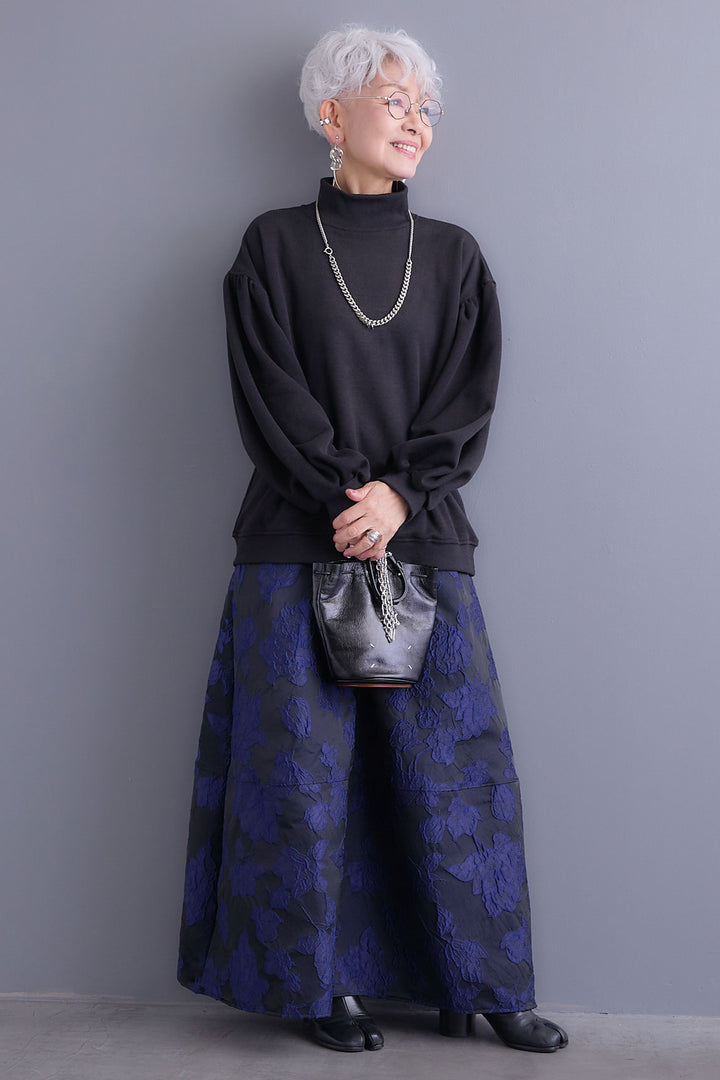 【SET】ボリュームスリーブモックネックプルオーバー+ジャガードフラワースカート(2set)