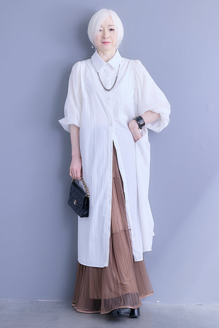 【SET】バルーンスリーブシャツワンピース+2WAYラメサテンプリーツ×シアーティアードチュールスカート(2set)