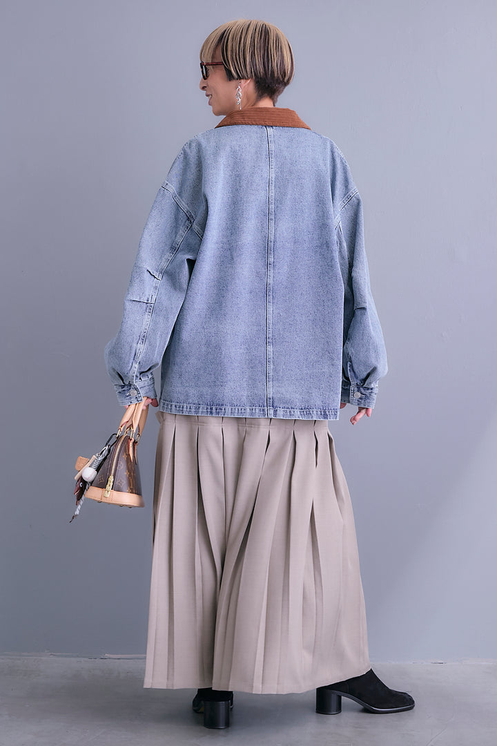 【SET】コーデュロイカラー10ozデニムジャケット+アシンメトリーロンT+ボックスプリーツロングスカート(3set)