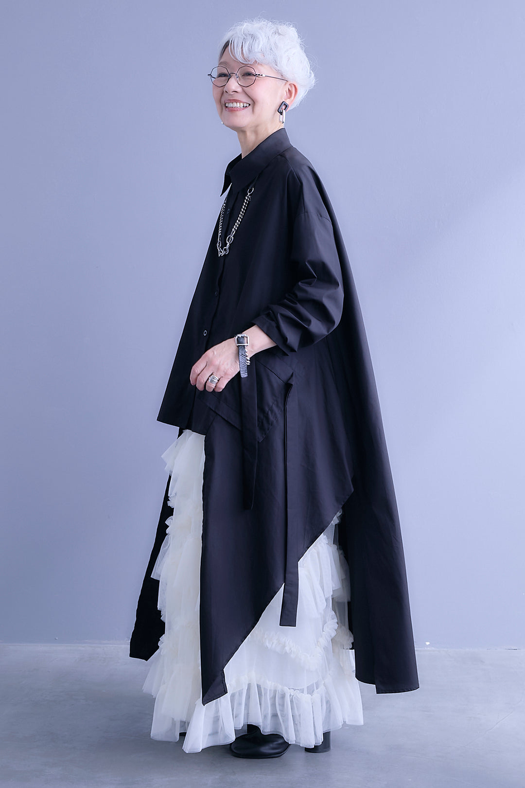 【SET】ロングテールアシメカットデザインシャツ+ペタルティアードチュールスカート(2set)