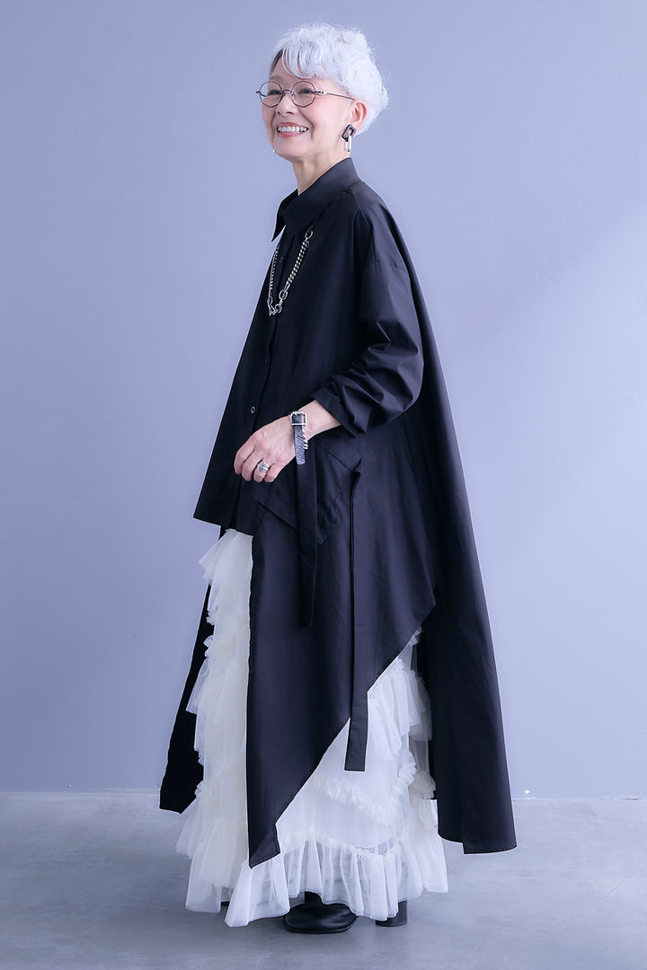 【SET】ロングテールアシメカットデザインシャツ+ペタルティアードチュールスカート(2set)