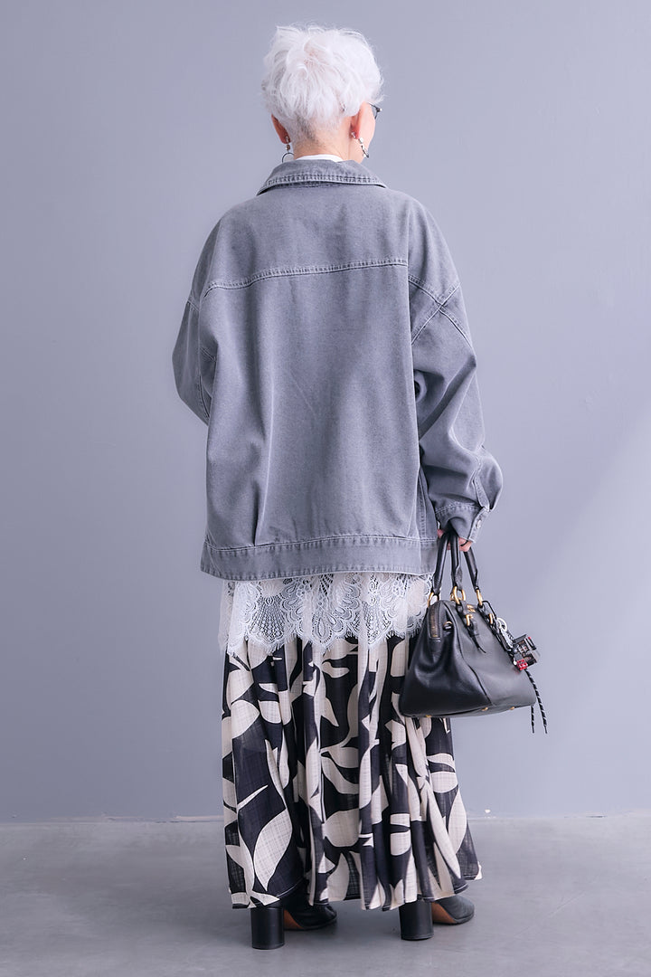 【SET】ジップアップデニムブルゾン+ヘムレースロングシャツ+リーフアートフレアスカート(3set)
