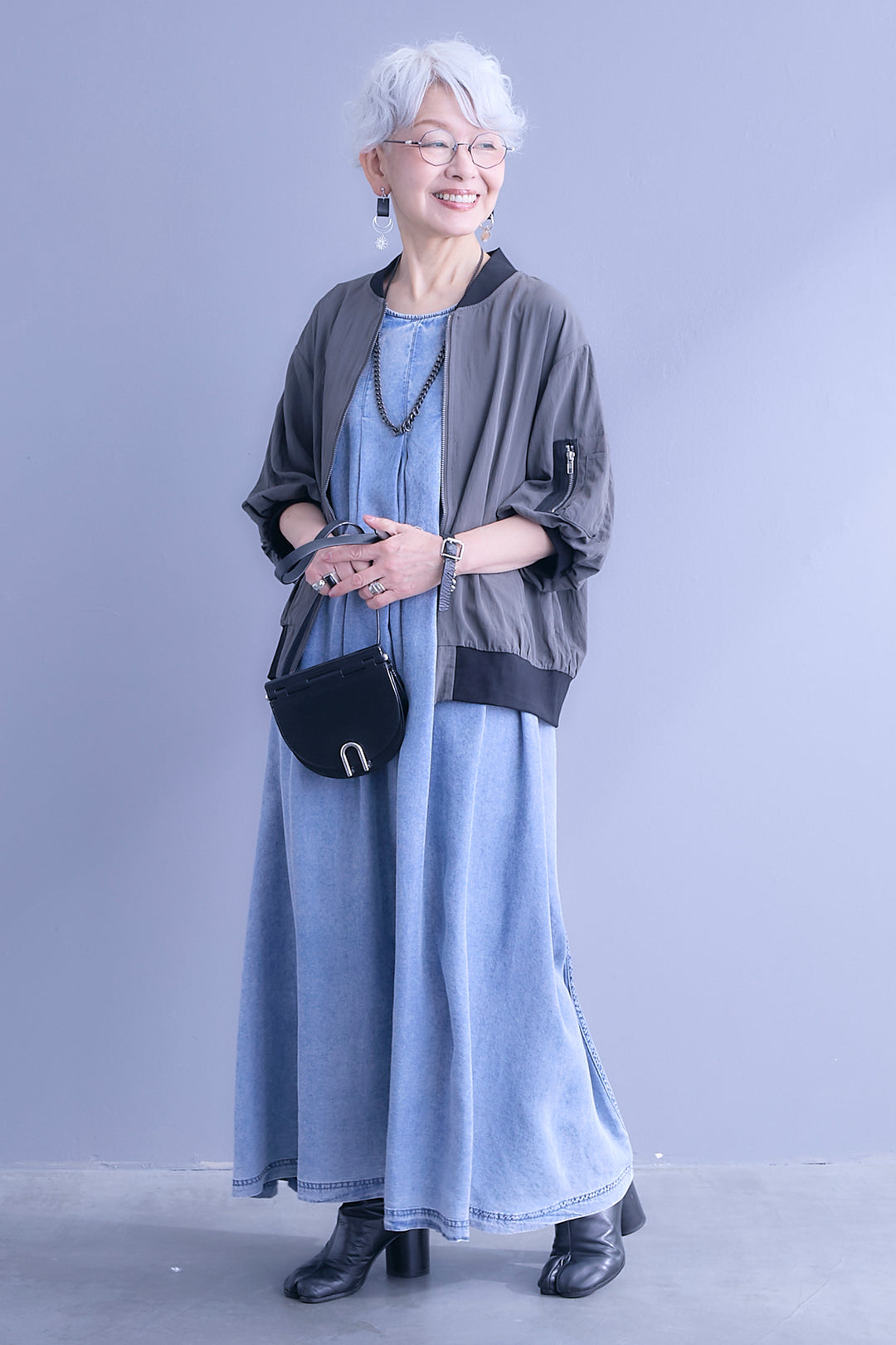 【SET】バルーンハーフスリーブMA-1ジャケット+パウダーシルクヴィンテージデニムワンピース(2set)