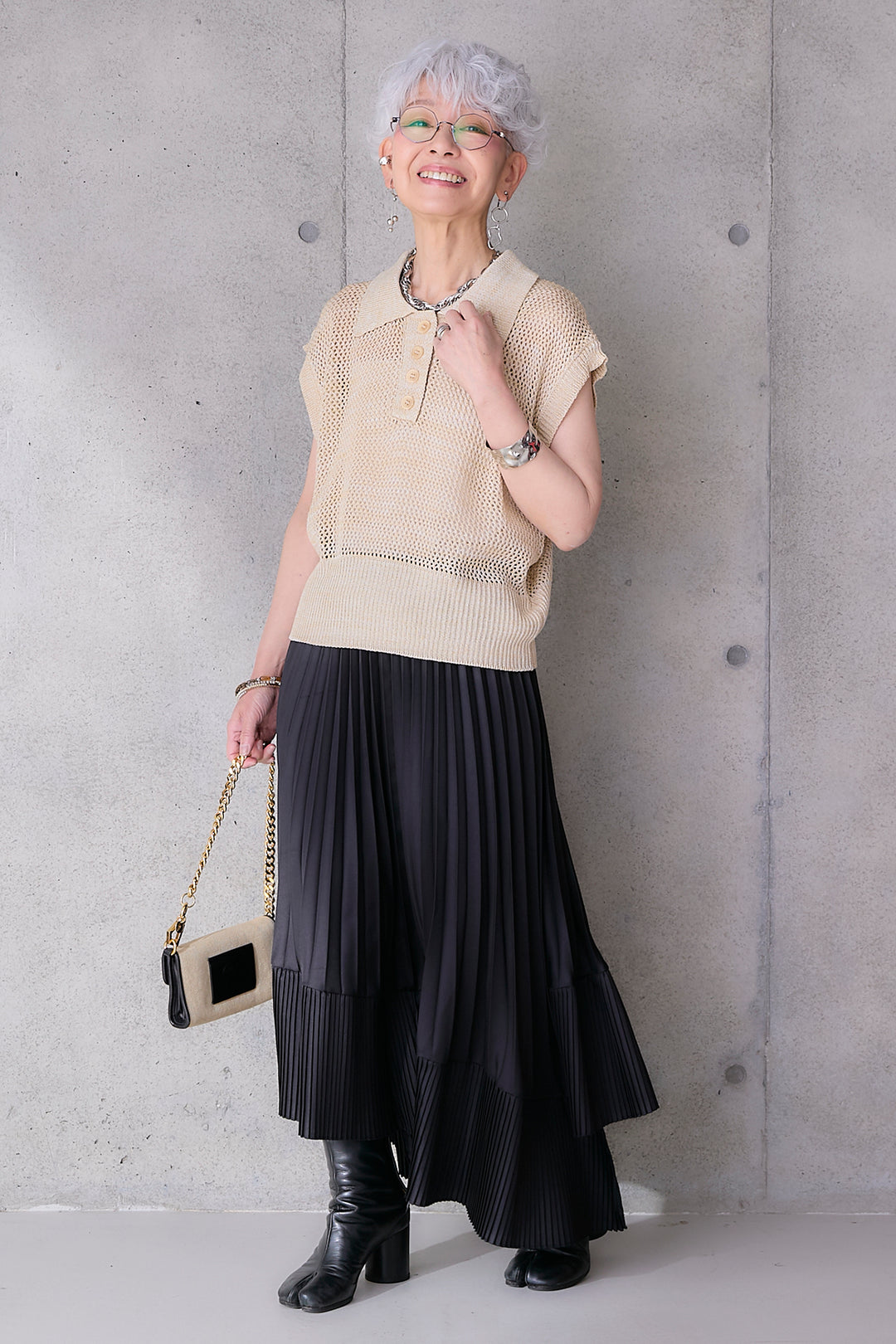 【SET】リネンライクメッシュニット+アシンメトリープリーツスカート(2set)
