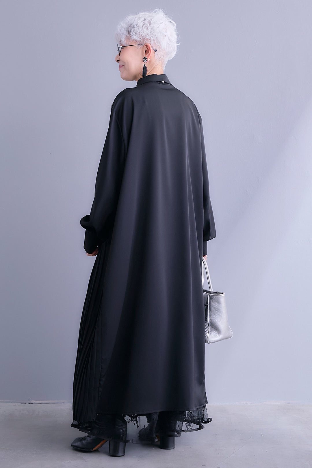 【SET】アシンメトリープリーツシャツワンピース+レースティアードスカート(2set)
