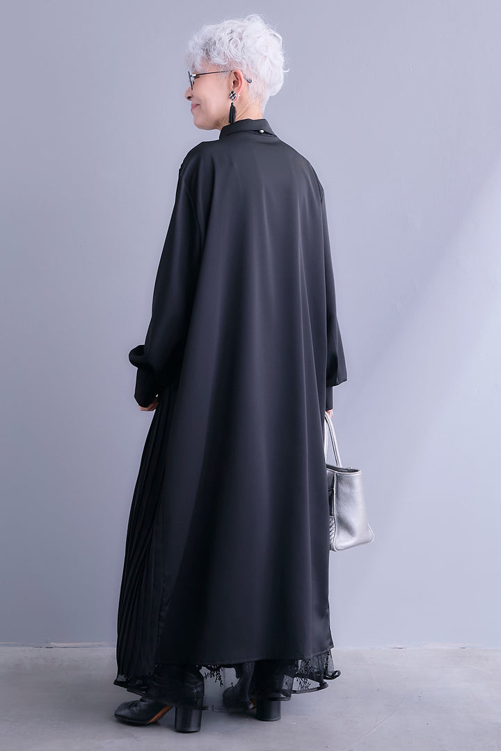 【SET】アシンメトリープリーツシャツワンピース+レースティアードスカート(2set)