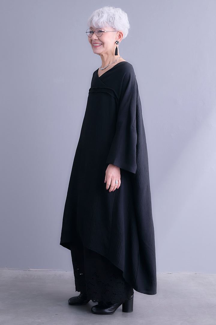 【SET】Vネックリラックスシルエットワンピース+ヘムレースワイドペチパンツ(2set)